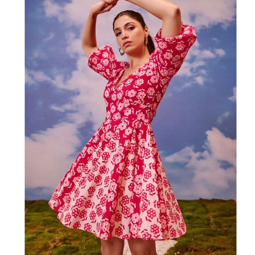 Anayna Floral Print Puff Sleeves Fit & Flare Mini Dress L